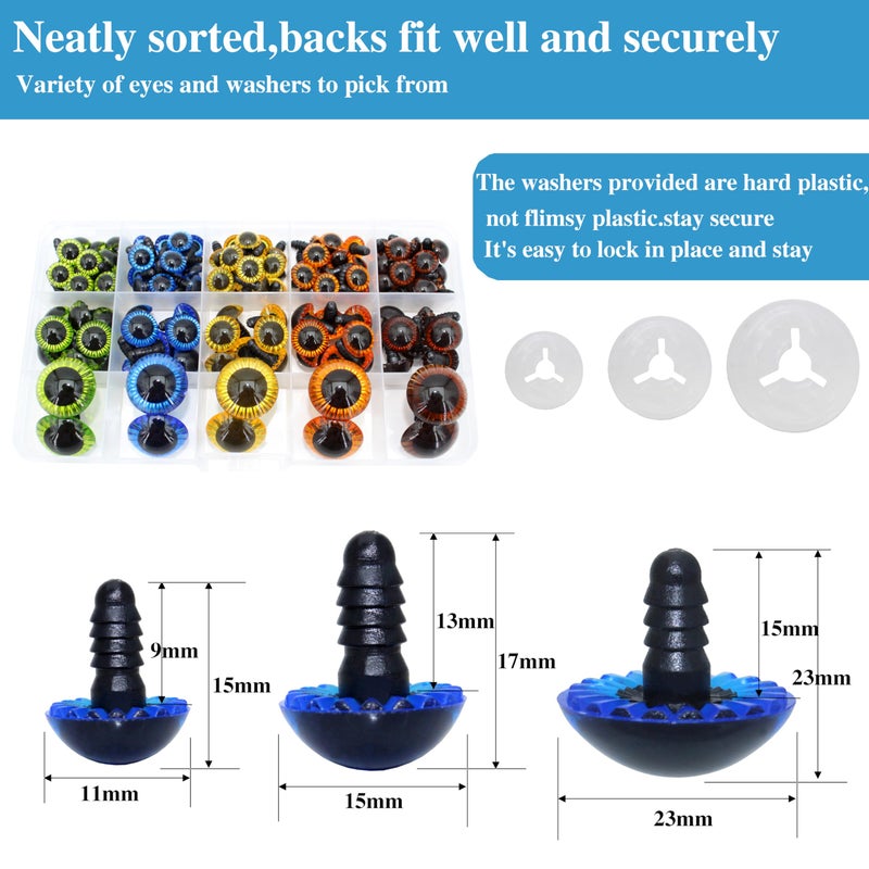 BESTCYC 1Box(160pcs) 3Size 5Colors Threaded Shank Design Plastic Safety Eyes Craft Eyes with Washers for Crafts DIY Amigurumi Stuffed Animal  Toy  Doll DIY Making Supplies (Blue.Green.Brown.Yellow.Orange) - Image 3